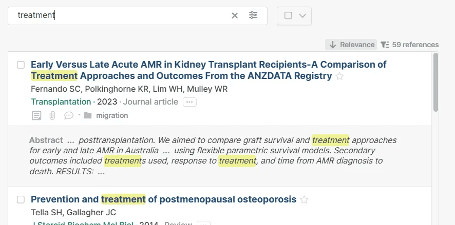 A library search for “treatment” with the term highlighted in titles and abstracts, and the header showing the sort switched to “Relevance · 59 references”.